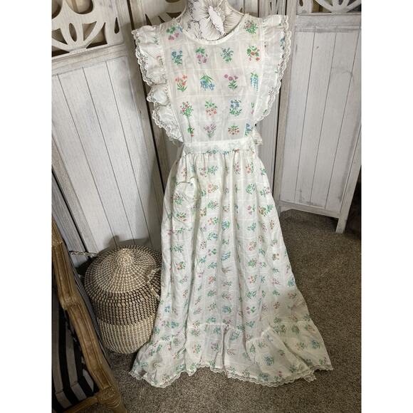 Vintage Womens Full Apron Floral Ruffle Mod Retro 60s 70s Double Tie Back - Picture 1 of 5